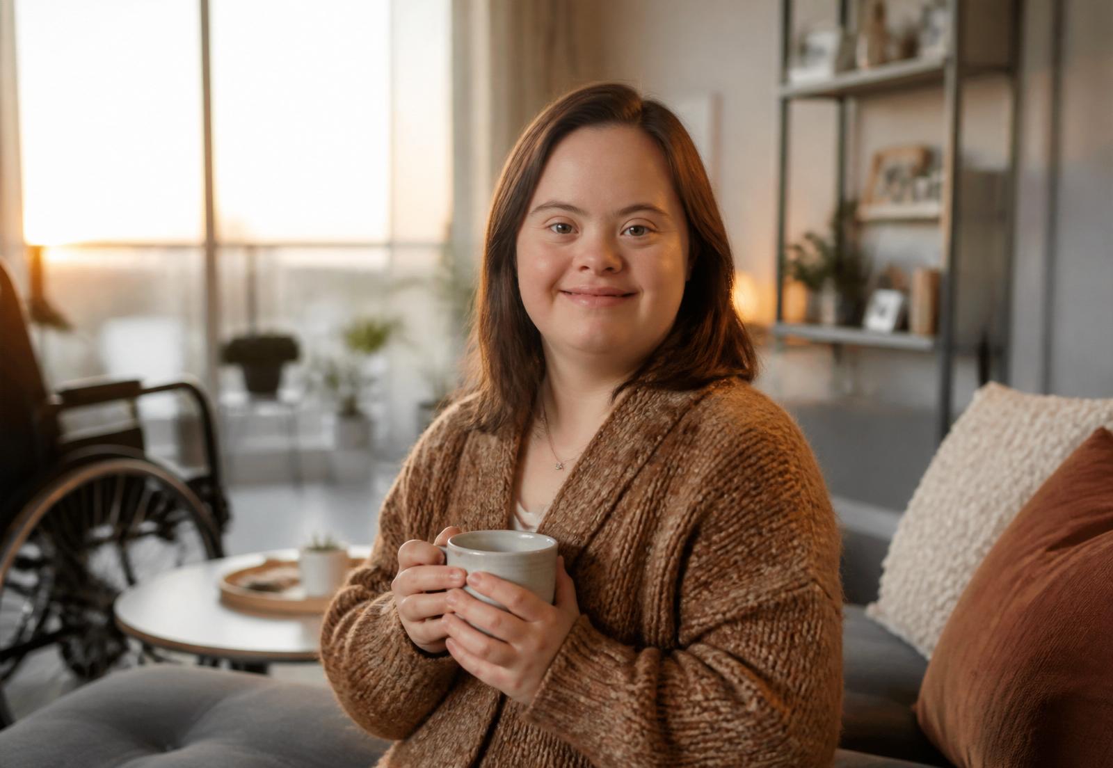 A young adult woman with Down syndrome smiling in a warm, accessible apartment